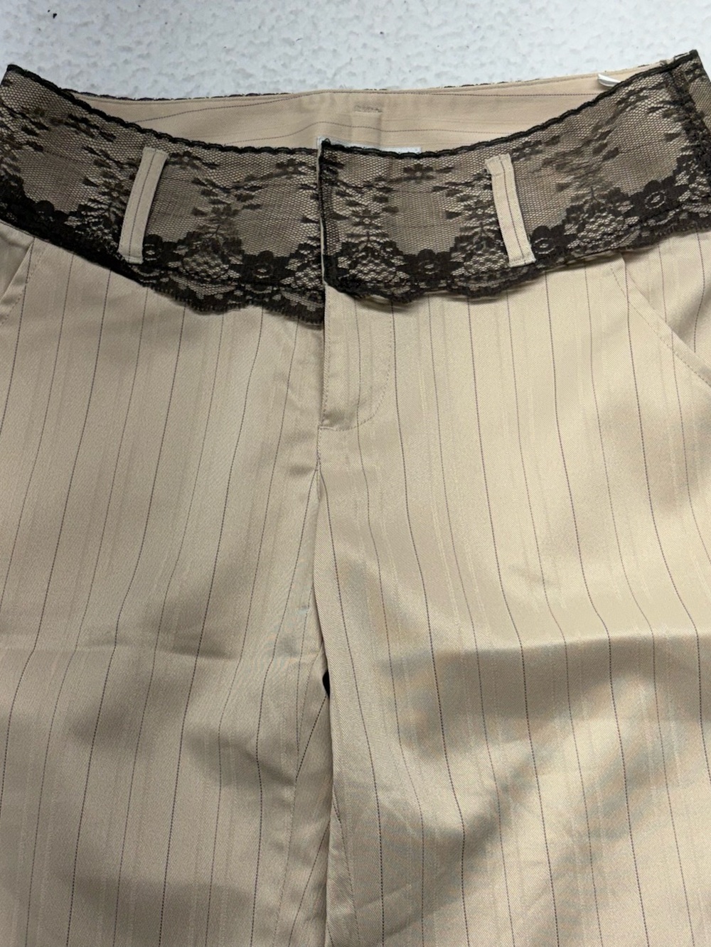 Y2K Elan Low Rise Pinstripe Flare Pants Lace Waistband Beige Black 165/66A - Picture 4 of 7